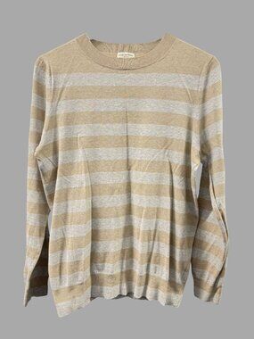 DRIES VAN NOTEN Beige Gray Horizontal Stripe Sweater Sz M Cotton Blend Crewneck